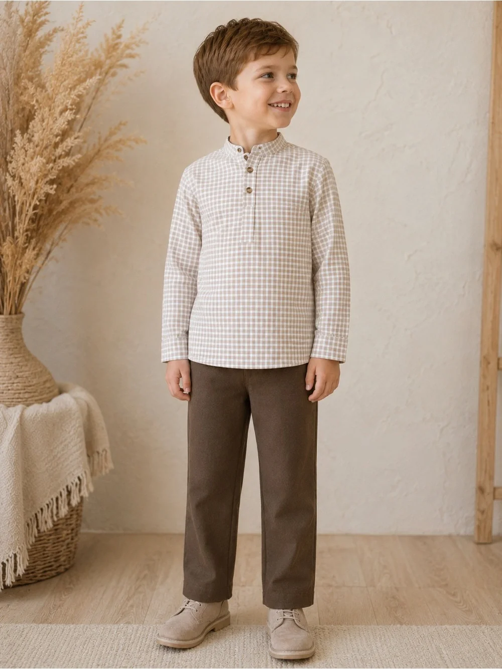 Edgehill Collection Boys Check Long Sleeve Shirt and Pants Set 6